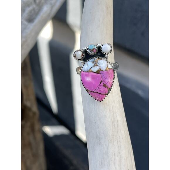 STERLING SILVER NATIVE SW COTTON CANDY TURQUOISE CLUSTER RING .925 Adjusts 7-9 - Picture 6 of 12